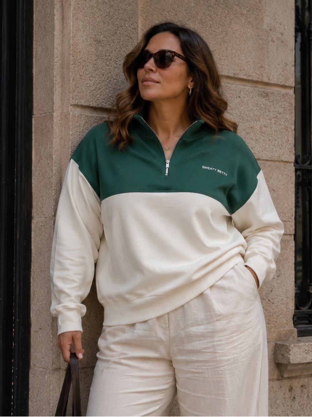 Sweaty Betty Half Zip Colour Block Sweatshirt Glade Green Organic Cotton L/XL